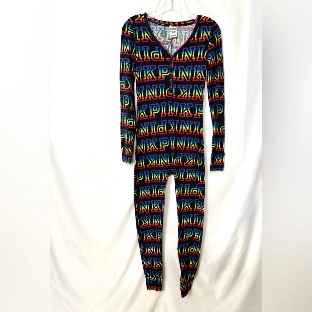 PINK Victoria’s Secret Rainbow Graphic Long Jane Thermal Onesie Pajamas Size XS